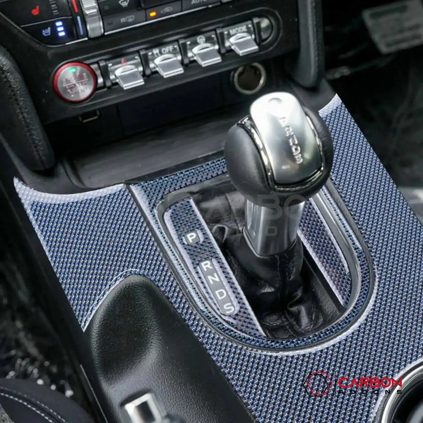 Reflective Carbon Fiber Center Console Overlay for 2015–2023 Ford Mustang