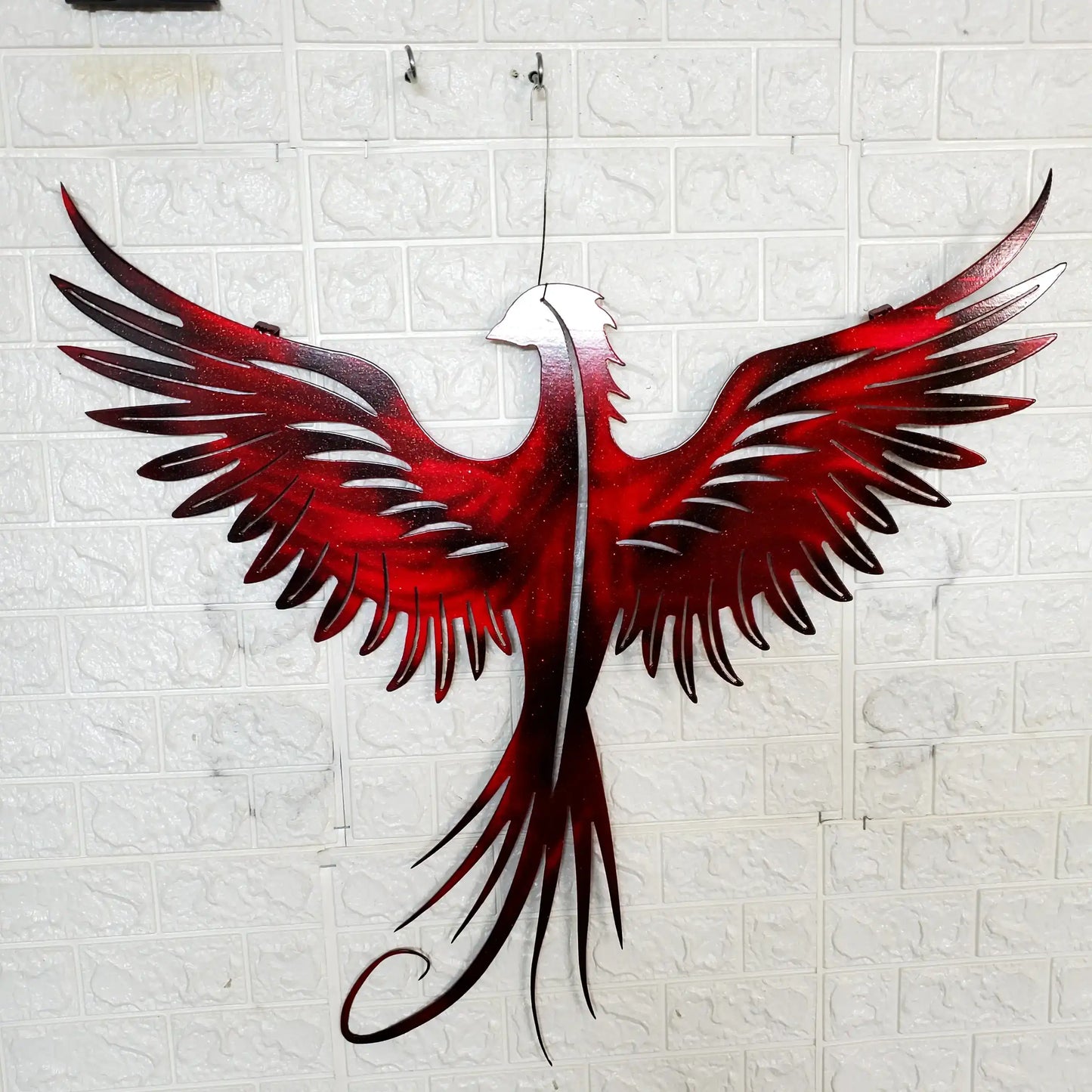 Phoenix Metal Wall Art – 23x23 Inch Plasma Cut Steel Wall Decor with Translucent Blue or Red Powder Coat – Sun Catching Home Accent