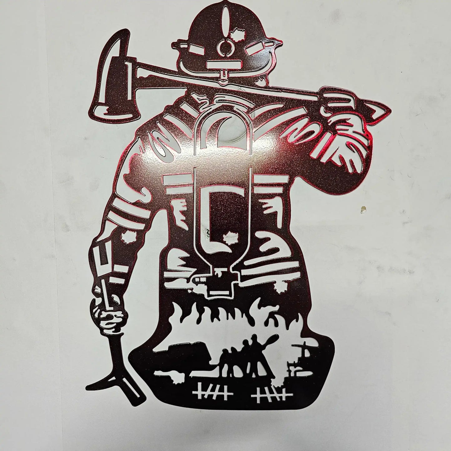 Firefighter Wall Art | 14 Gauge Powder Coated Steel | Metallic Red Fireman Decor | 18"x14" | Unique Firefighter Gift