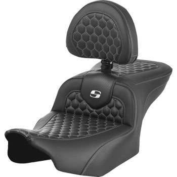 SADDLEMEN Roadsofa™ Seat - with Backrest - Honeycomb - White Stitch - FLTR/FLHX '23-'24 823-07-189B6