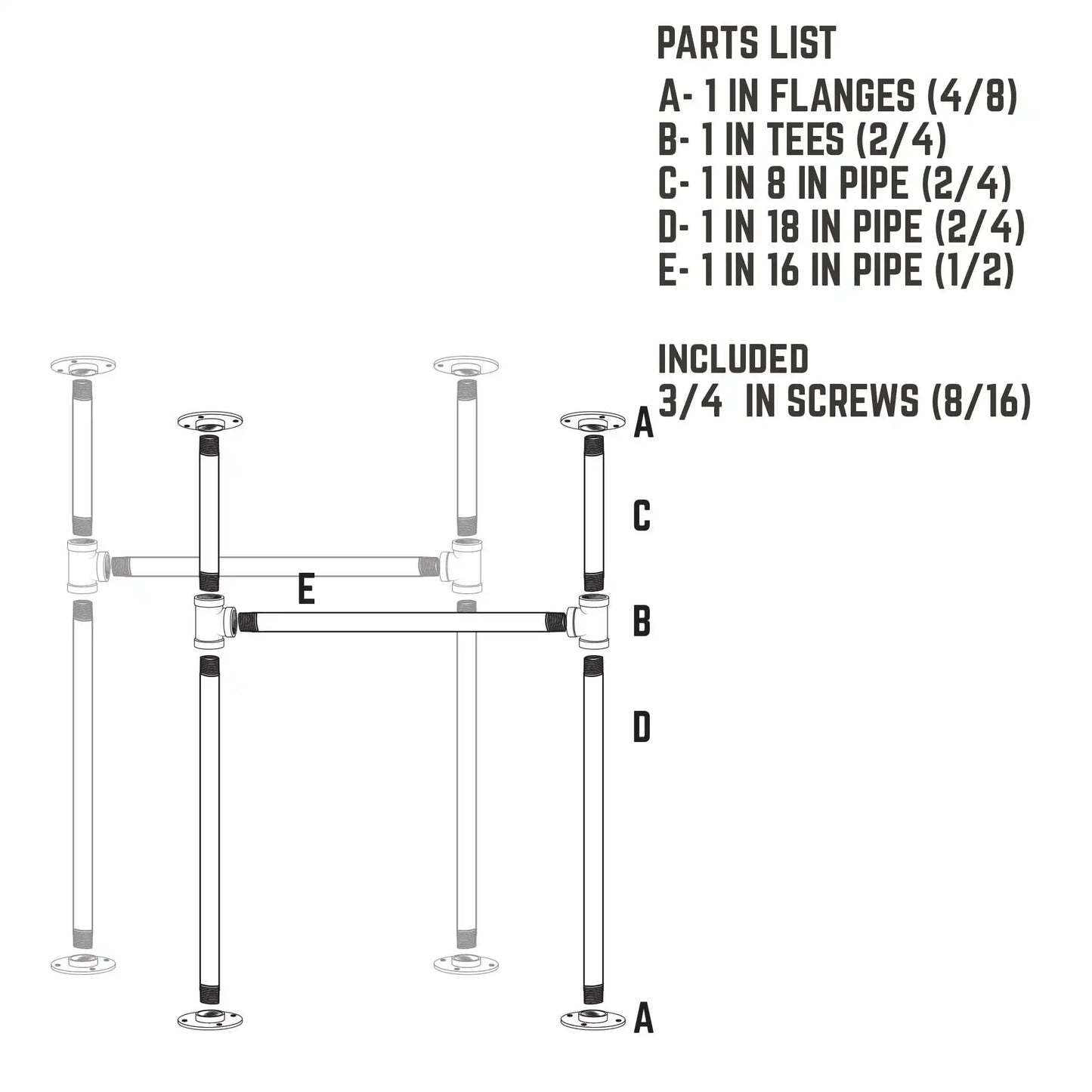 1 in. Heavy Duty H Round Flange Pipe Desk Legs - 2 Pack