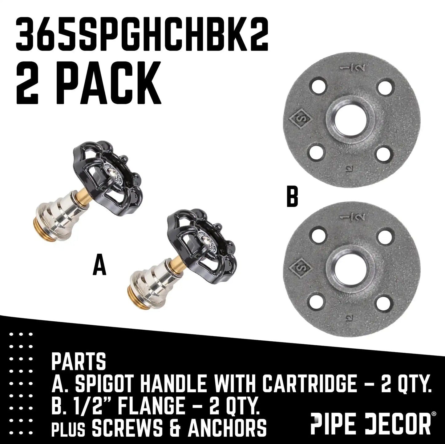 Black Industrial Spigot Wall Hook with Flange (2-Pack)