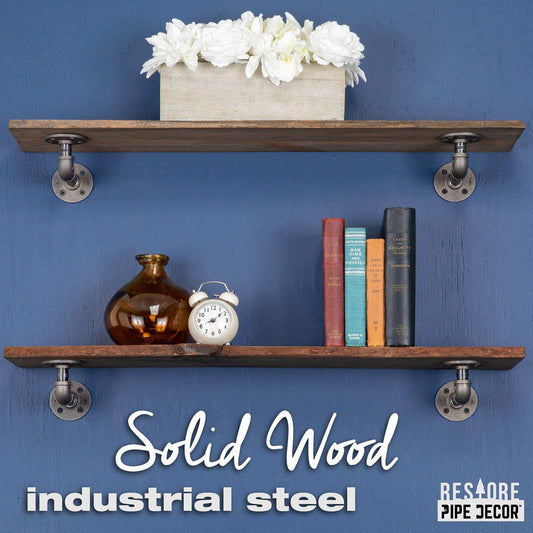 36” Boulder Black Live Edge Wood Shelf with L-Shaped Pipe Brackets (2-Pack)