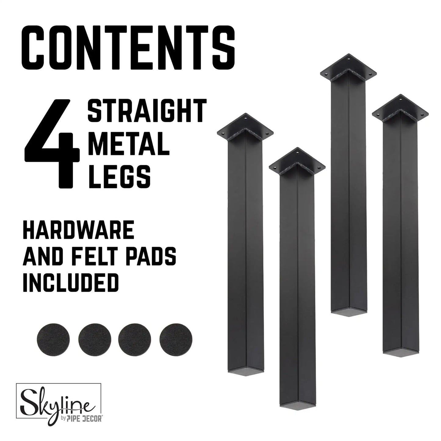 12 in. Skyline Matte Black Square Metal High-Rise Coffee Table Legs - 4 Pack