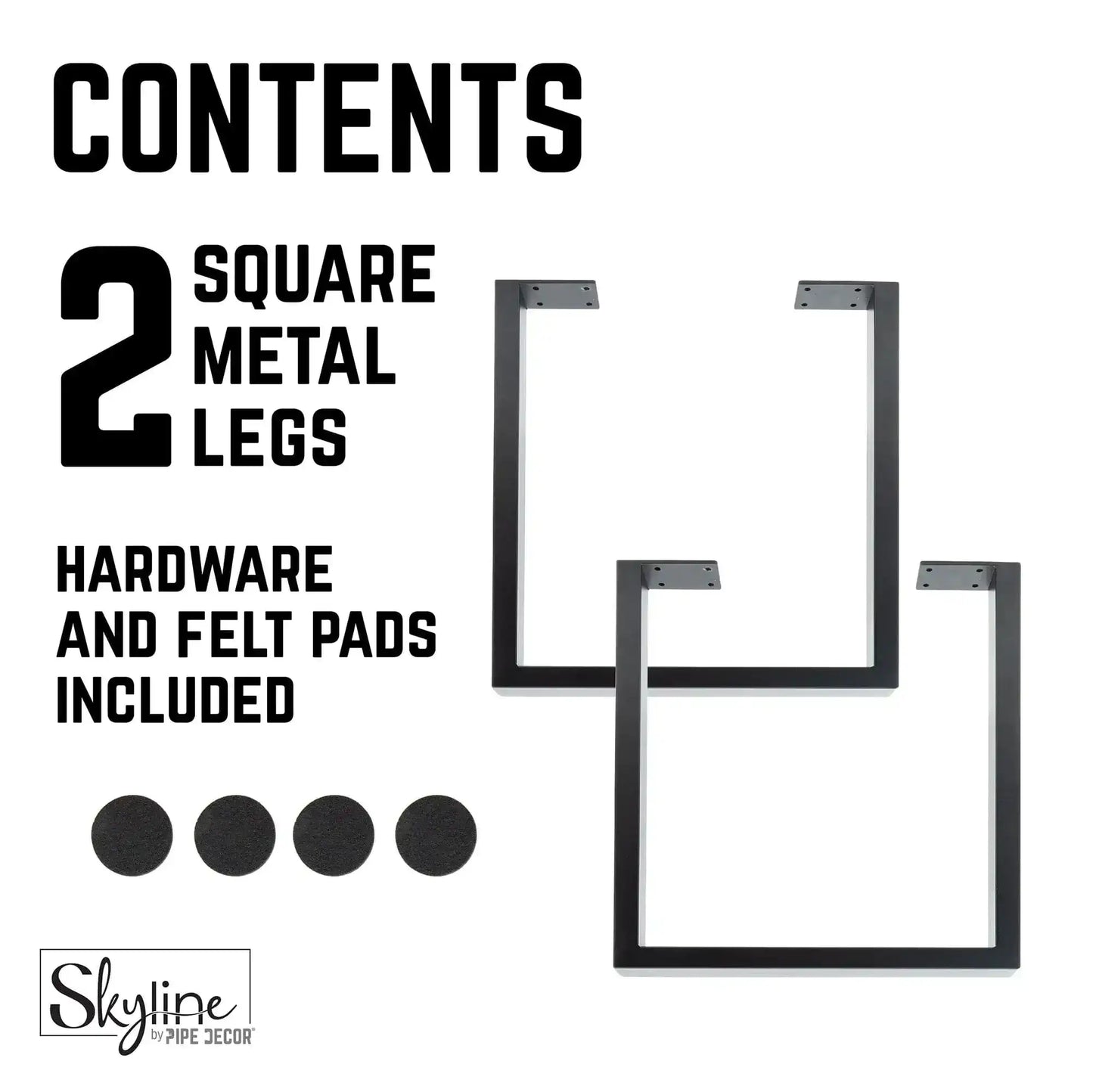28 in. Skyline Matte Black Square Metal Landscape Dining or Desk Table Legs - 2 Pack