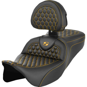 SADDLEMEN RoadSofa™ Seat - Honeycomb - Gold Stitch - with Backrest - FLH/FLT '08-'23 A808-07R-189GOL