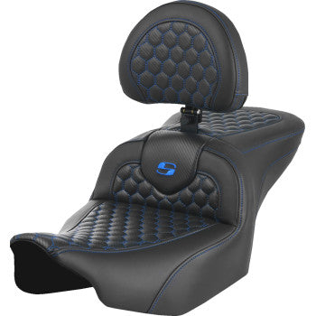SADDLEMEN Roadsofa™ Seat - with Backrest - Honeycomb - Blue Stitch - FLTR/FLHX '23-'24 823-07-189B1