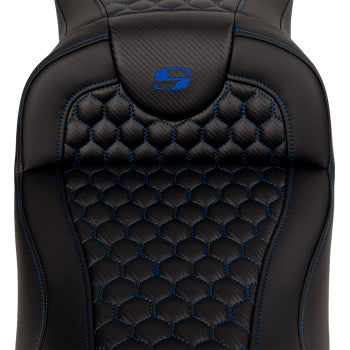 SADDLEMEN RoadSofa™ Seat - Honeycomb - Blue Stitch - Extended Reach - without Backrest - FLH/FLT '08-'23 A808-07B-190BLU