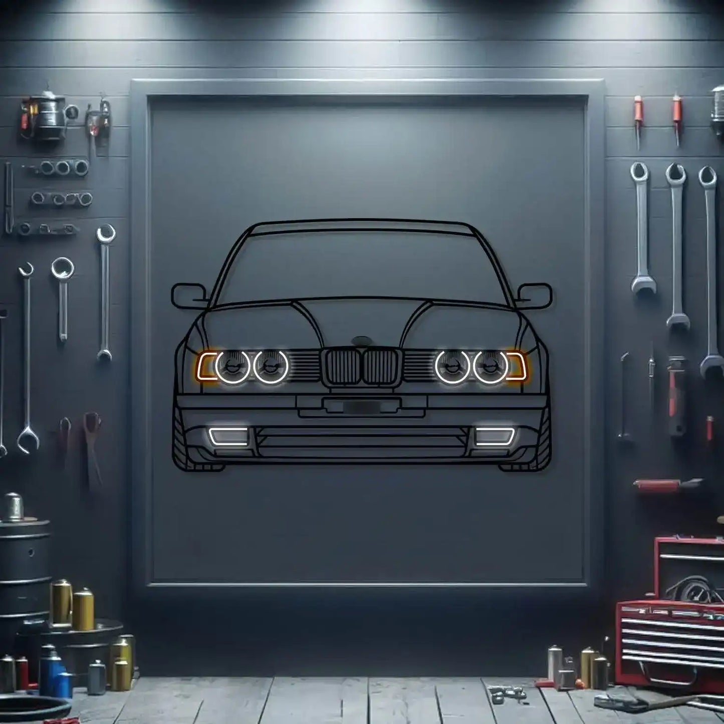 E34 Front View Metal Neon Car Wall Art - MTN0190