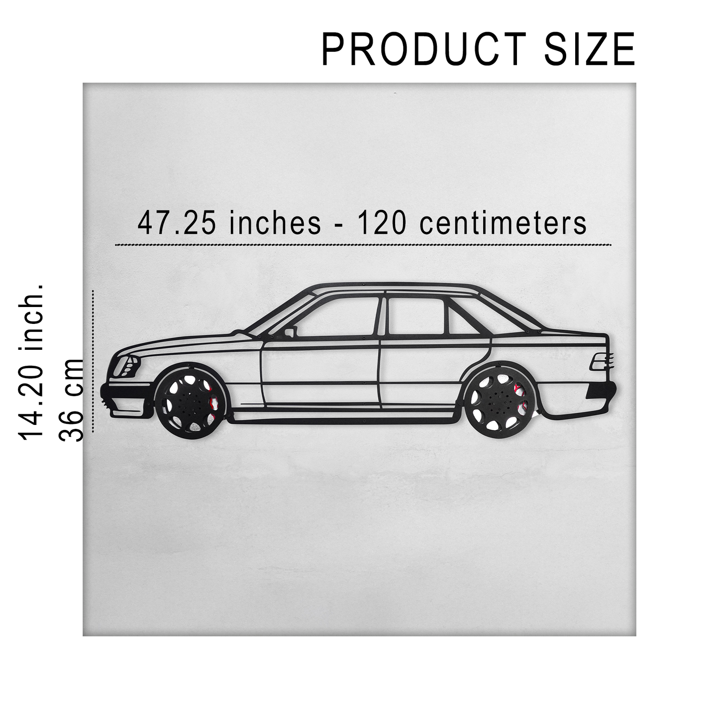Mercedes W124 Wall Art β Classic Steel Silhouette with Spinning Wheels-KAFMEKA035