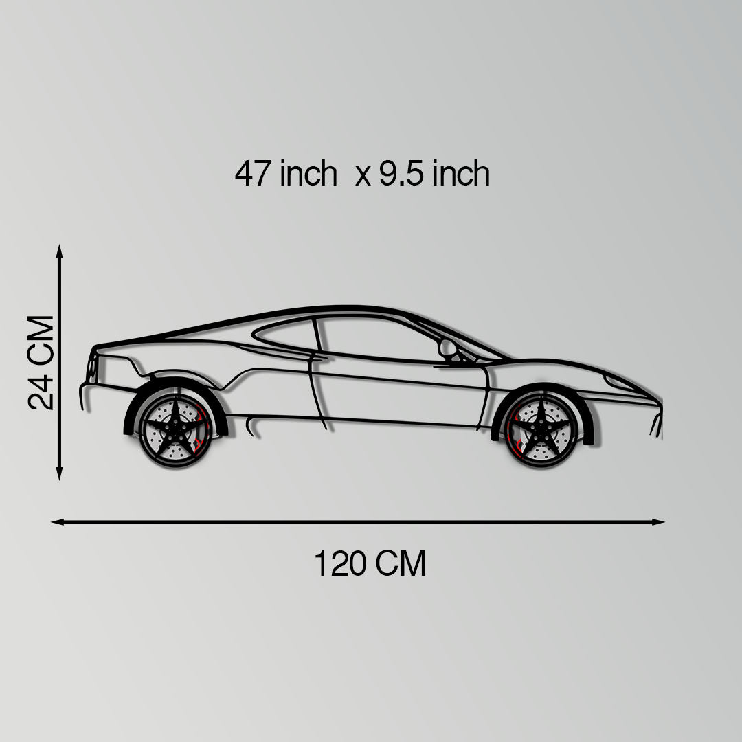 Ferrari 360 Modena Metal Car Wall Art with Rotating Wheels - Italian V8 Supercar Silhouette - Interactive Automotive Decor - KAFMEKA122