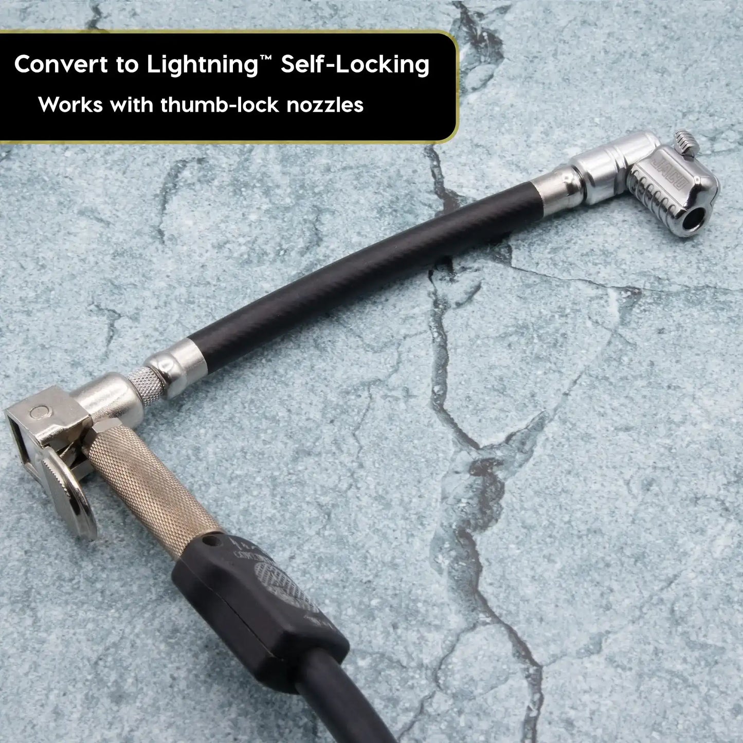 Lightning™ L2X Quick-Connect Locking Tire Inflator Air Chuck Extension | Patented Lock-on Compressor Hose Attachment (Open Flow)