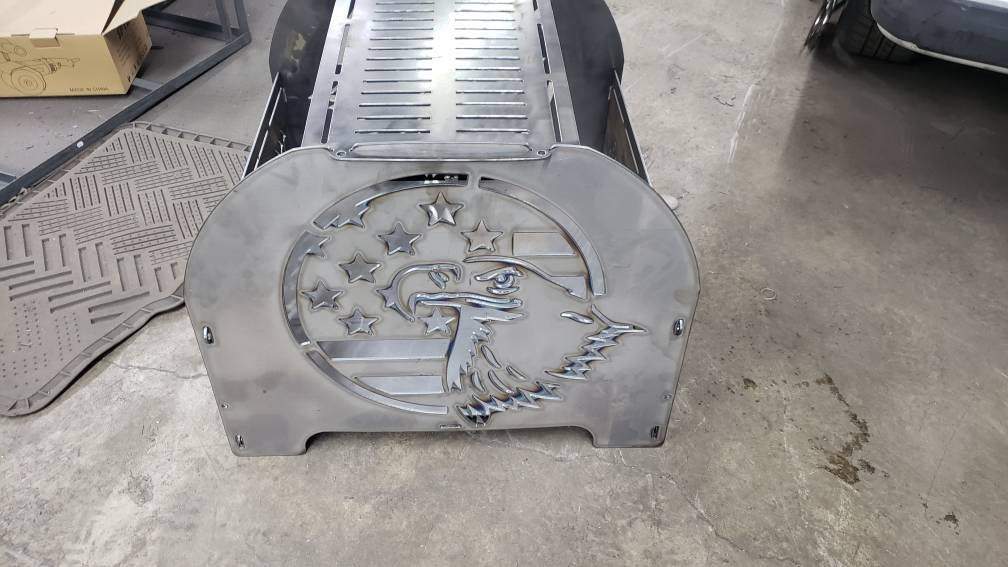 Patriotic eagle flag knock down fire pit. Stores flat. Mobile camping grill fire pit - Martin Metalworks