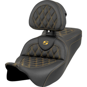 SADDLEMEN Roadsofa™ Seat - Lattice Stitch - Gold Stitch - w/ Backrest - FL '08-'23 808-07B-182B7