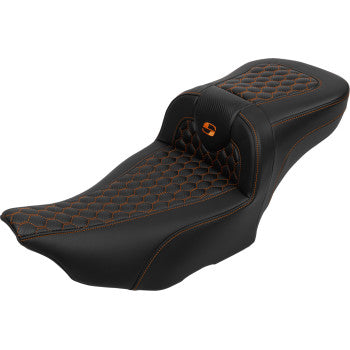 SADDLEMEN Roadsofa™ Extended Reach Seat - with Backrest - Honeycomb - Orange Stitch - FLTR/FLHX '23-'24 823-07-190B3