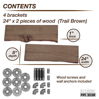24” Trail Brown Live Edge Wood Shelf with L-Shaped Pipe Brackets (2-Pack)