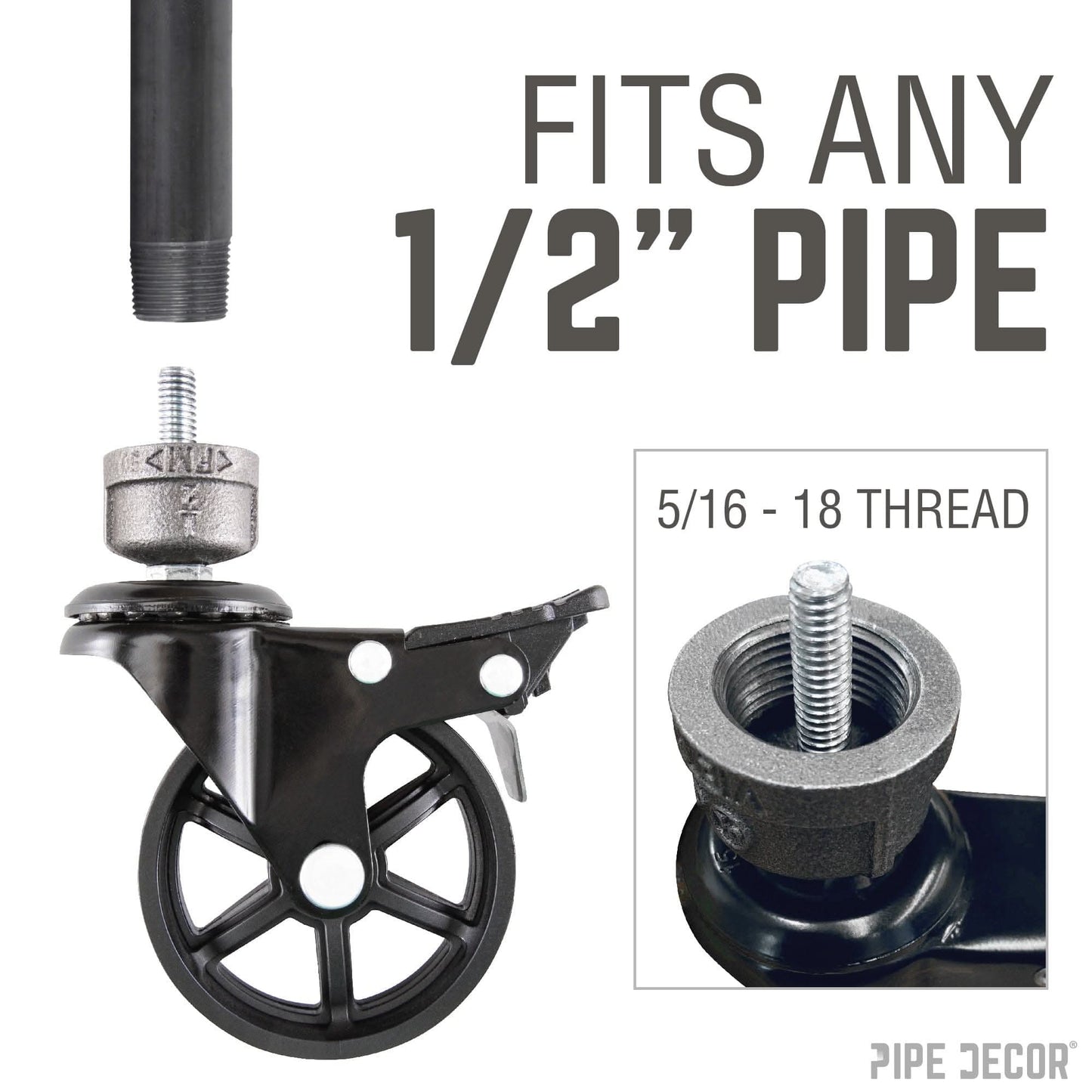 Swivel Caster Wheels for  ½” Pipe with Locking Mechanism (4-Pack)