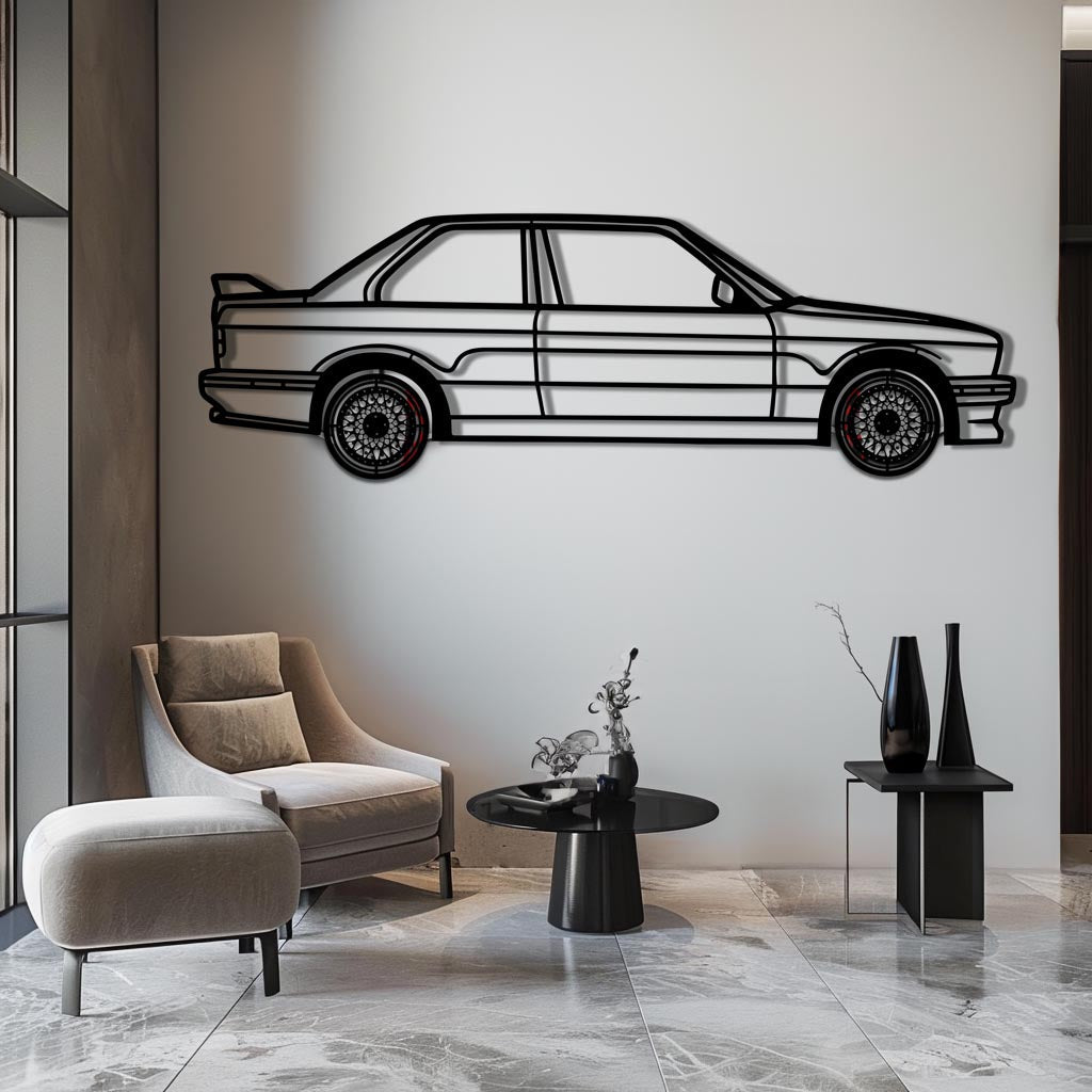 BMW E30 M3 Metal Car Wall Art with Rotating Wheels - Classic M Power Silhouette Decor - Interactive Automotive Wall Art - KAFMEKA100