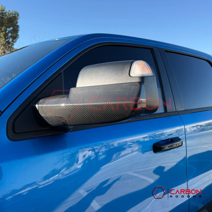 2019+ RAM 1500 / TRX / RHO Tow Mirror Base Real Carbon Fiber Covers