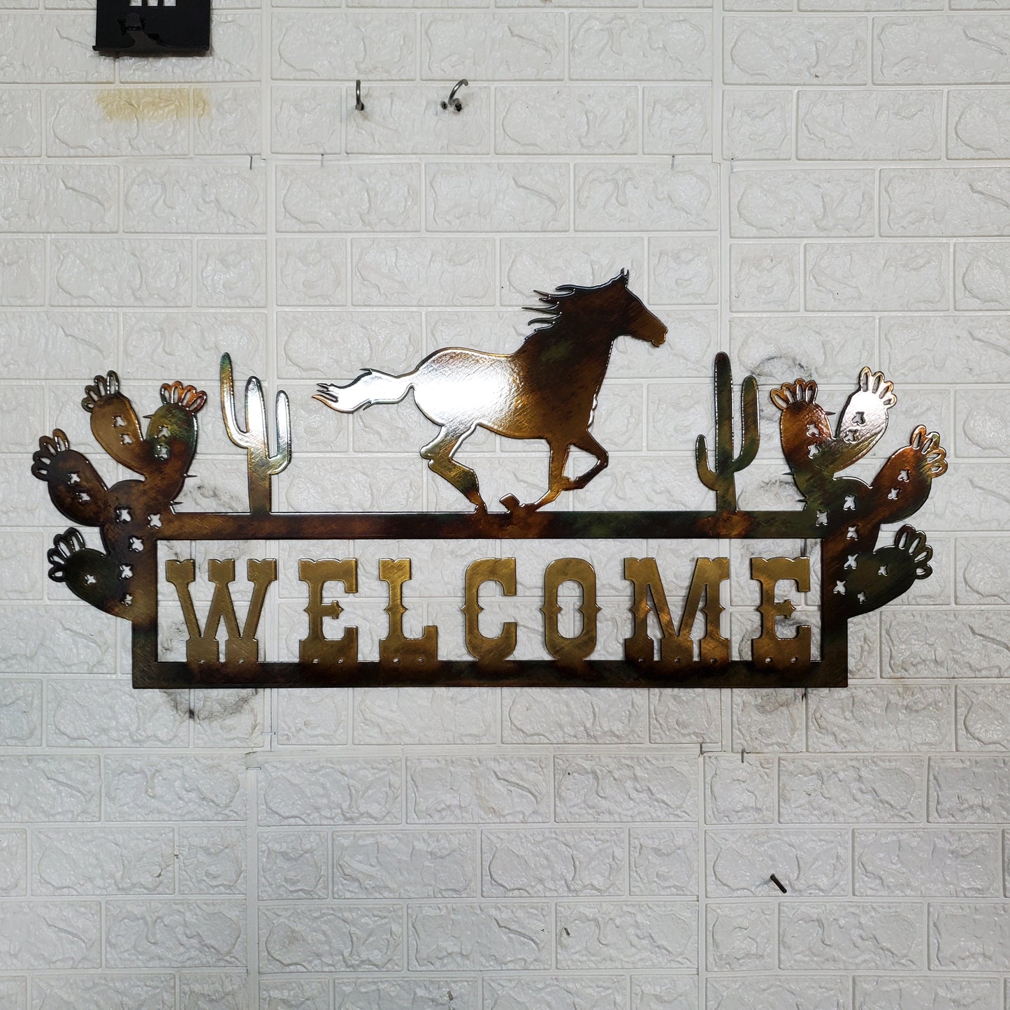 Torched Brass Horse Welcome With Cactus