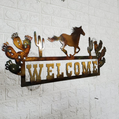 Torched Brass Horse Welcome With Cactus