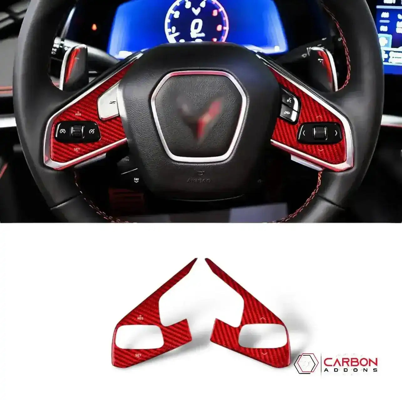 C8 Corvette Real Carbon Fiber Steering Wheel Button Trim Covers | Interior Overlay (2020–2026)