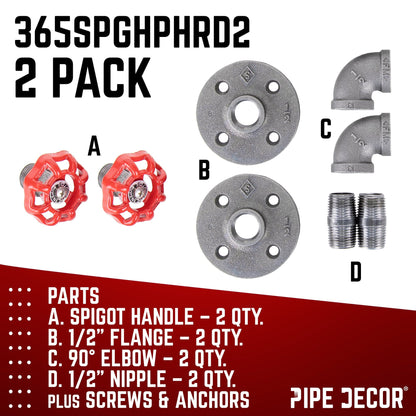 Red Industrial Curved Spigot Wall Hook with Flange (2-Pack)