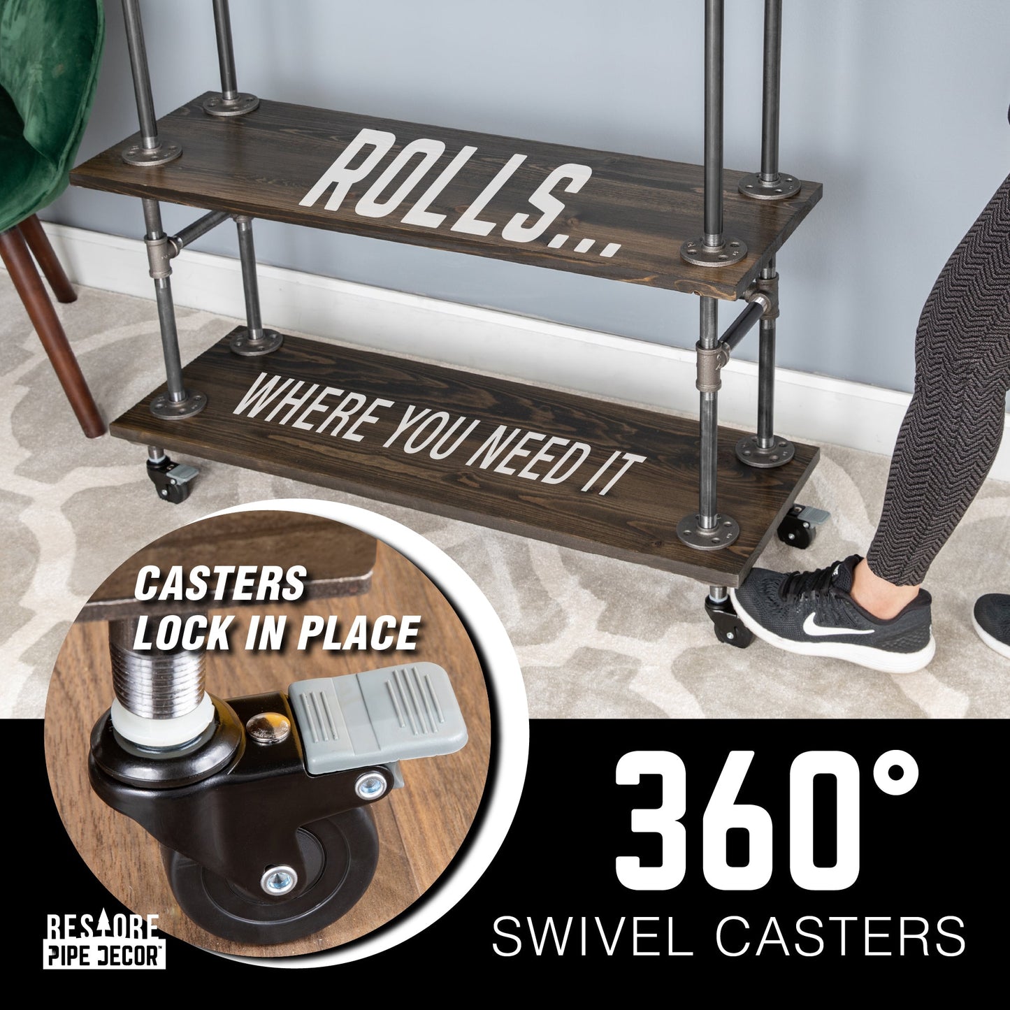 Three-tier Wood Shelf Industrial Bar Cart with Locking Wheels, Boulder Black