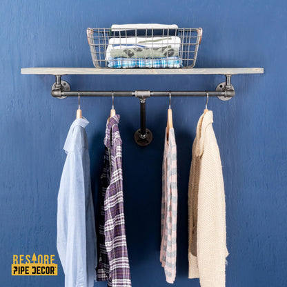 24 in. Wall Mounted Clothing Rack with Wood Shelf, Riverstone Grey