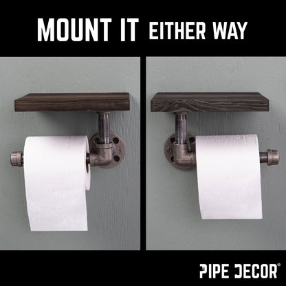 6 in. Wall-Mounted Pipe Toilet Paper Holder with Wood Shelf, Boulder Black
