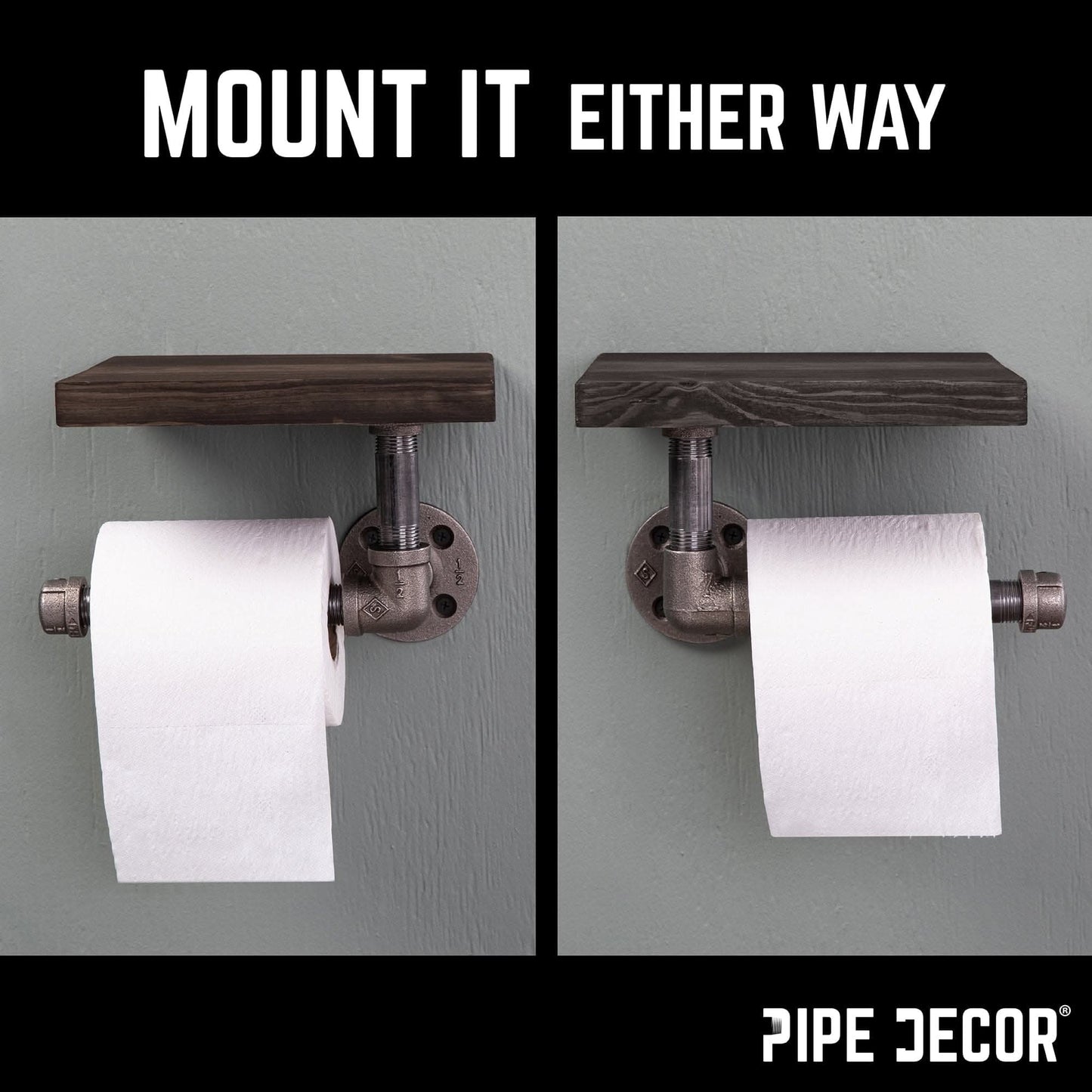 6 in. Wall-Mounted Pipe Toilet Paper Holder with Wood Shelf, Boulder Black