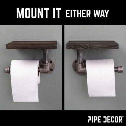 6 in. Wall-Mounted Pipe Toilet Paper Holder with Wood Shelf, Boulder Black