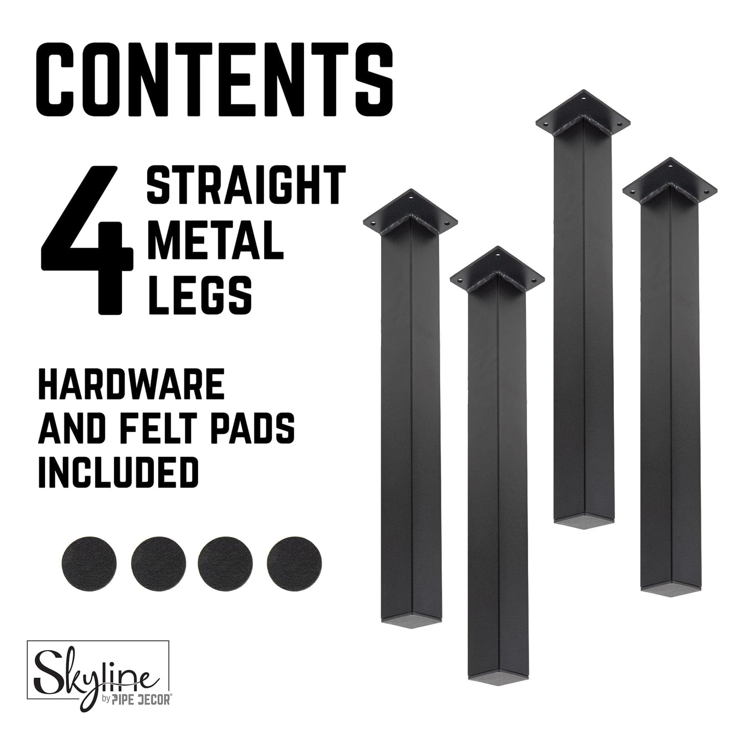 28 in. Skyline Matte Black Square Metal High-Rise Dining or Desk Table Legs - 4 Pack