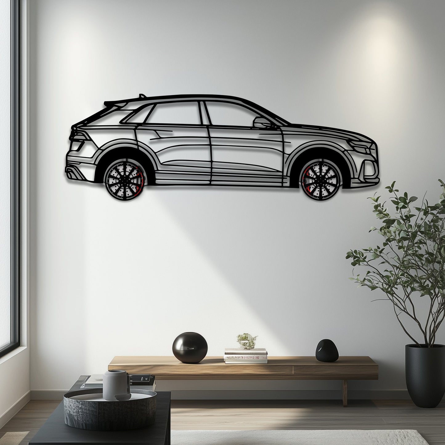 Audi Q8 Metal Car Wall Art with Rotating Wheels - Handmade Luxury SUV Silhouette Decor - Automotive Wall Art for Petrolheads - KAFMEKA095