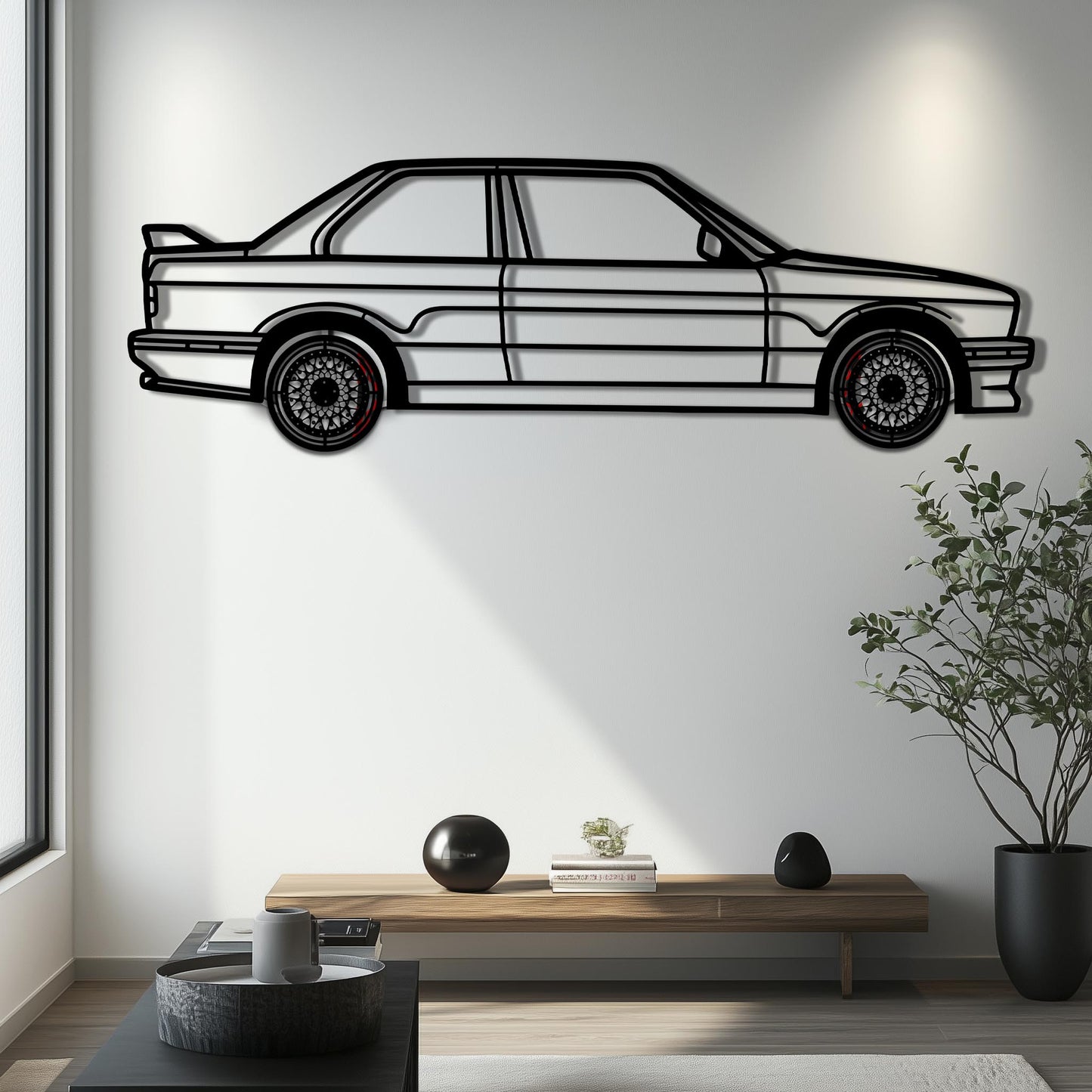 BMW E30 M3 Metal Car Wall Art with Rotating Wheels - Classic M Power Silhouette Decor - Interactive Automotive Wall Art - KAFMEKA100