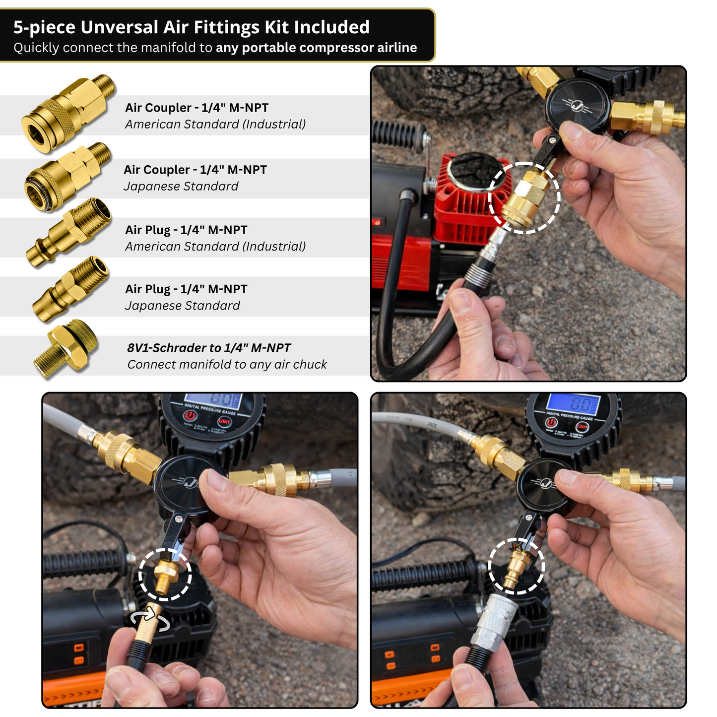Rapid 4-Tire Inflation/Deflation System with Lightning™ Air Chucks | 4-Way Multi-Tire Inflator/Deflator Hose Kit for Off Road 4x4