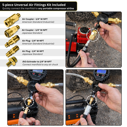 Rapid 4-Tire Inflation/Deflation System with Lightning™ Air Chucks | 4-Way Multi-Tire Inflator/Deflator Hose Kit for Off Road 4x4