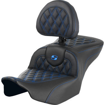 SADDLEMEN RoadSofa™ Seat - with Backrest - Lattice Stitch - Blue Stitch - FLTR/FLHX '23-'24 823-07-182B1