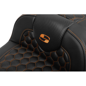 SADDLEMEN Roadsofa™ Extended Reach Seat - with Backrest - Honeycomb - Orange Stitch - FLTR/FLHX '23-'24 823-07-190B3