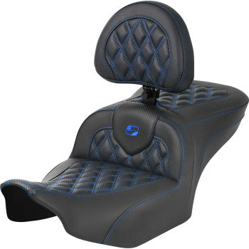 SADDLEMEN RoadSofa™ Seat - with Backrest - Carbon Fiber - Lattice Stitch - Blue Stitch - FLTR/FLHX '23-'24 823-07-206B1