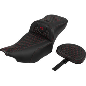 SADDLEMEN Roadsofa™ Extended Reach Seat - with Backrest - Honeycomb - Red Stitch - FLTR/FLHX '23-'24 823-07-190B4