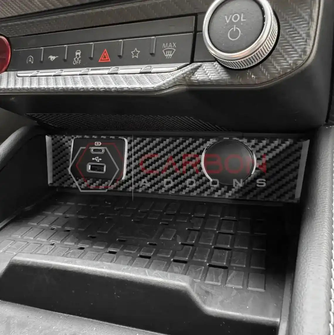 Real Carbon Fiber USB & 12V Outlet Trim Overlay for 2024+ Ford Mustang