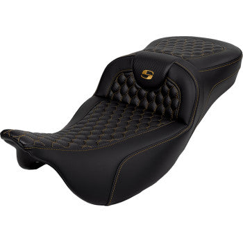 SADDLEMEN RoadSofa™ Seat - Honeycomb - Gold Stitch - Extended Reach - without Backrest - FLH/FLT '08-'23 A808-07B-190GOL