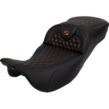 SADDLEMEN RoadSofa™ Seat - Honeycomb - Orange Stitch - Extended Reach - without Backrest - FLH/FLT '08-'23 A808-07B-190ORA