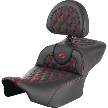 SADDLEMEN Roadsofa™ Extended Reach Seat - with Backrest - Lattice Stitch - Red Stitch - FLTR/FLHX '23-'24 823-07-184B4