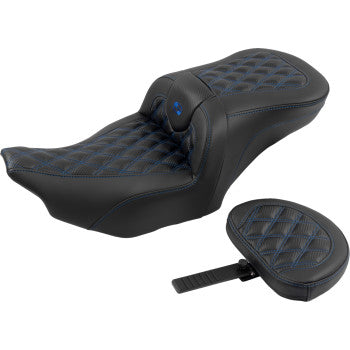 SADDLEMEN RoadSofa™ Seat - with Backrest - Carbon Fiber - Lattice Stitch - Blue Stitch - FLTR/FLHX '23-'24 823-07-206B1
