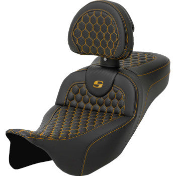 SADDLEMEN RoadSofa™ Seat - Honeycomb - Gold Stitch - with Backrest - Extended Reach - FLH/FLT '08-'23 A808-07R-190GOL