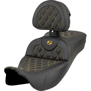 SADDLEMEN Roadsofa™ Extended Reach Seat - Lattice Stitch - Gold Stitch - with Backrest - FL '08-'23 808-07B-184B7