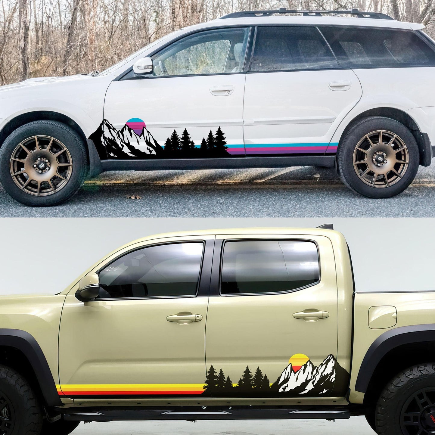 Mountain Forest Sunset Truck/Car Decal. Yellow, Orange, Red Color Scheme. #6811-Sup