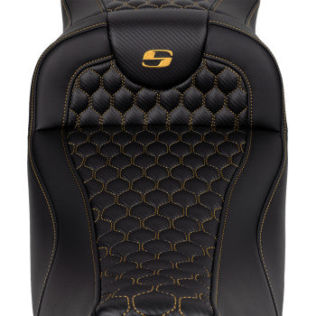 SADDLEMEN RoadSofa™ Seat - Honeycomb - Gold Stitch - Extended Reach - without Backrest - FLH/FLT '08-'23 A808-07B-190GOL